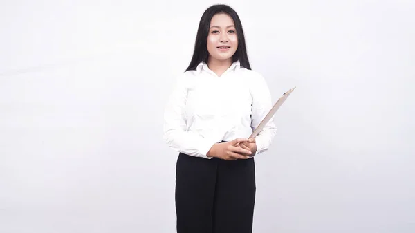 Azji Biznes Kobieta Trzymać Schowek Odizolowany Biały Tło — Zdjęcie stockowe