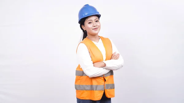 Menina Asiática Engenheiro Construção Isolado Fundo Branco — Fotografia de Stock