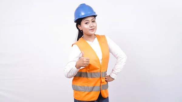 Asiatische Mädchen Bauingenieur Isoliert Weiß Hintergrund Geste — Stockfoto