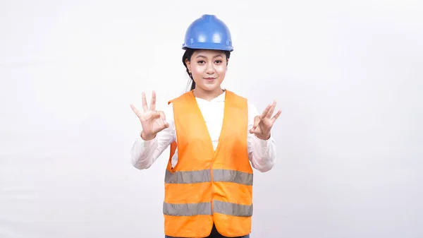 Asiatische Mädchen Bauingenieur Isoliert Weiß Hintergrund Geste — Stockfoto