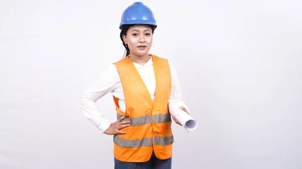 Asiatische Arbeiterin Frau Mit Papier Isoliert Weißen Hintergrund — Stockfoto