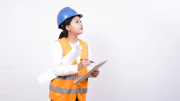 Asian Worker Woman See Project Holding Clipboard Isolated White Background — Stock Photo, Image