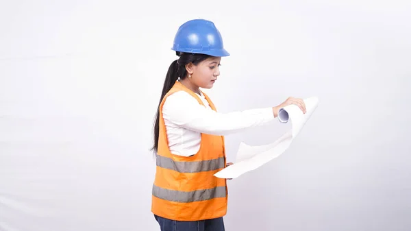 Aziatische Werknemer Vrouw Zie Project Holding Met Papier Geïsoleerde Witte — Stockfoto