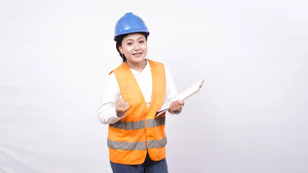 Aziatische Werknemer Vrouw Winnaar Geïsoleerde Wit Achtergrond — Stockfoto