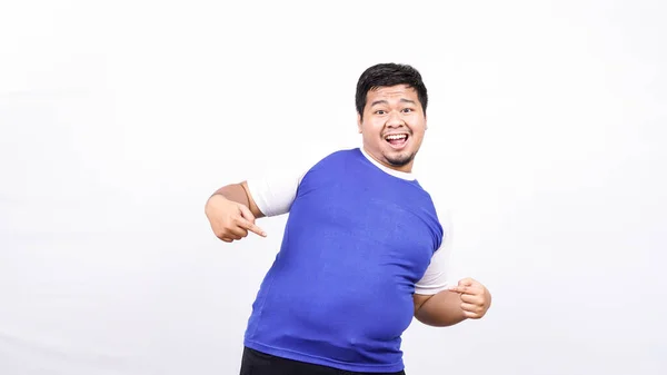 Asian Man Pointing His Own Stomach Looks Suprised — Stock Photo, Image