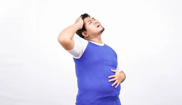 Gordo Está Segurar Próprio Estômago Ele Parece Stressado — Fotografia de Stock