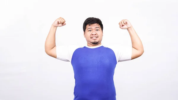 Komik Asyalı Adam Güçlü Bir Jest Izole Edilmiş Beyaz Arka — Stok fotoğraf