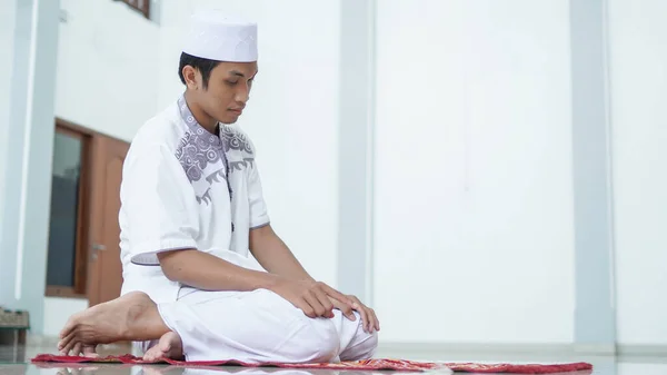 Portrait Asian Muslim Man Pray Mosque Pray Name Sholat Regards — Stock Photo, Image