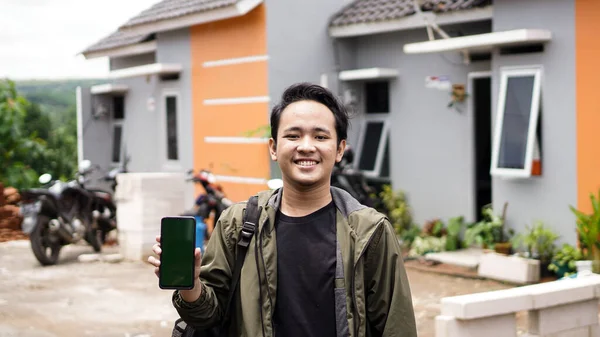 Portrait Young Men Standing Front New House Holding Greensreen Phone — Stock Photo, Image