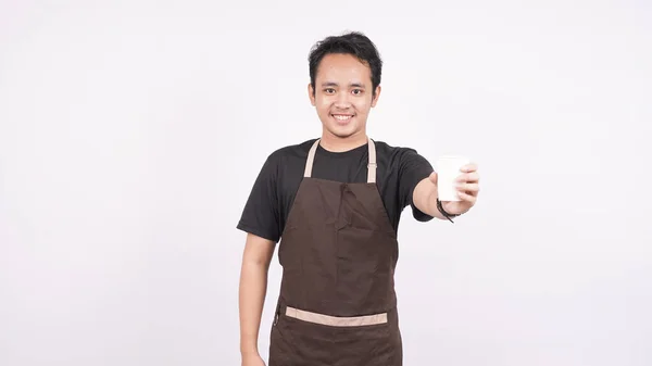 Man Wearing Apron Stands White Background Holding Glass — Stock Photo, Image