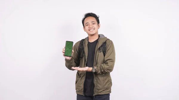 Young Man Wearing Bag Isolated White Background Greenscreen Phone — Stock Photo, Image