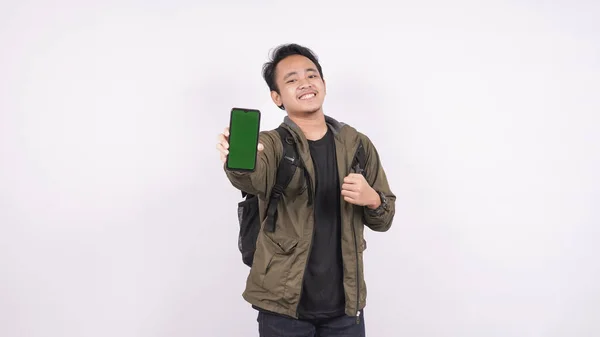 Young Man Wearing Bag Isolated White Background Greenscreen Phone — Stock Photo, Image