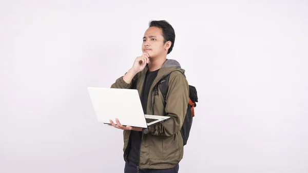 Young Man Wearing Bag While Thinkin — Stock Photo, Image