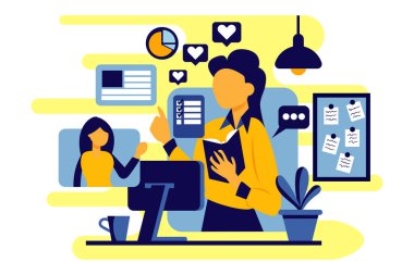 Pankart video konferansı için ev düz illüstrasyonundan laptopla oturarak çalış