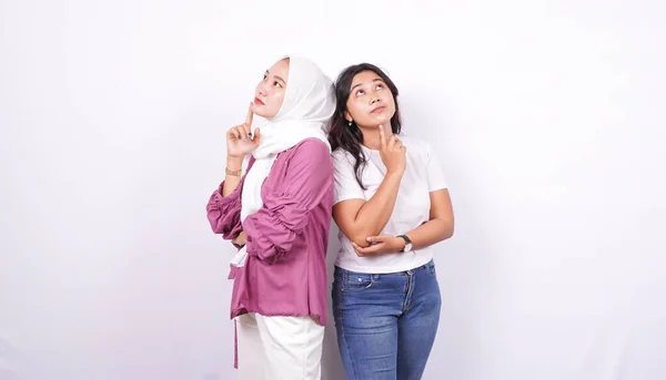 Two Asian Women Thinking Something Isolated White Background — Stock Photo, Image