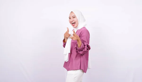 Beautiful Women Hijab Appoint Front Isolated White Background — Stock Photo, Image