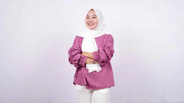 Asiatico Donne Hijab Mettere Mano Isolato Bianco Fondo — Foto Stock