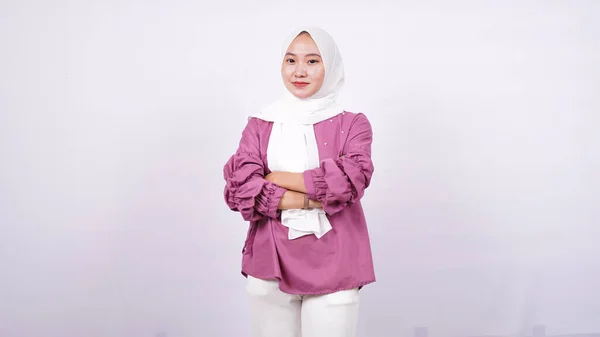 Asiatico Donne Hijab Mettere Mano Isolato Bianco Fondo — Foto Stock