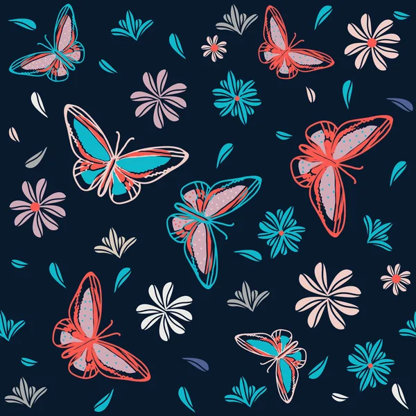Шаблон с бабочками и цветами — стоковый вектор