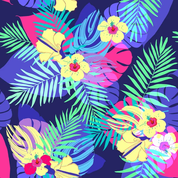 Flores tropicales exóticas y hojas — Vector de stock