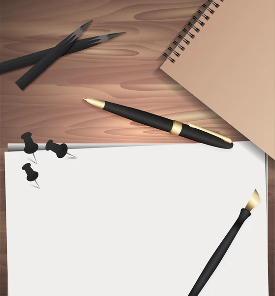 Set of stationery on wooden background. — Stock Vector