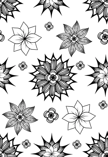 Zwart-wit textuur met doodle bloemen. — Stockvector