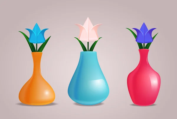 Set realistic jugs with tulips — Stock Vector