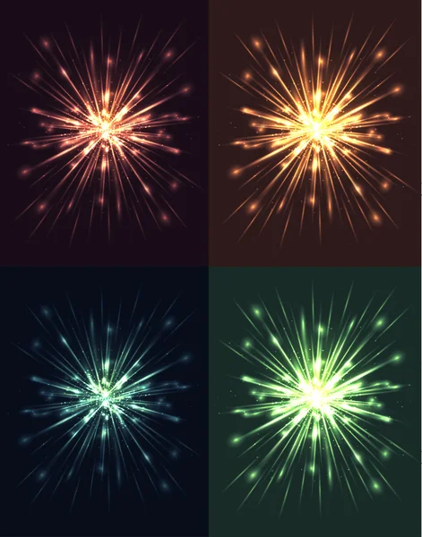Conjunto de explosiones brillantes con rayos — Vector de stock