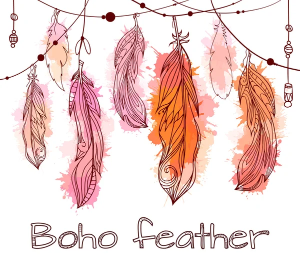 Hand getekend veren met boho patroon — Stockvector