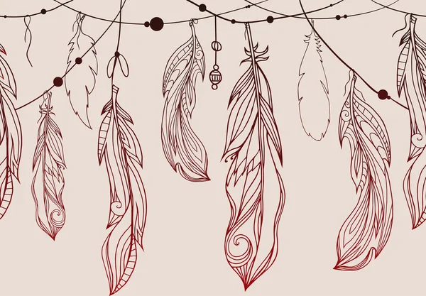 Plumes dessinées à la main avec motif boho — Image vectorielle