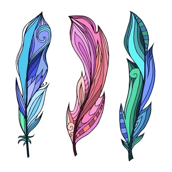 Set di piume coloranti disegnate a mano — Vettoriale Stock