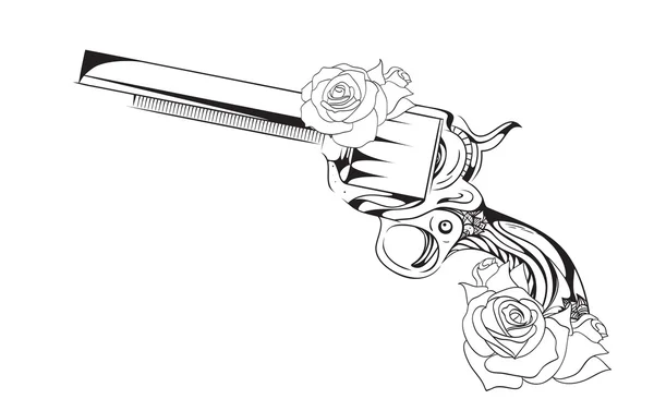 Illustrazione di revolver con rose . — Vettoriale Stock