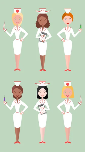 Conjunto de ilustrações planas enfermeira mulheres — Vetor de Stock