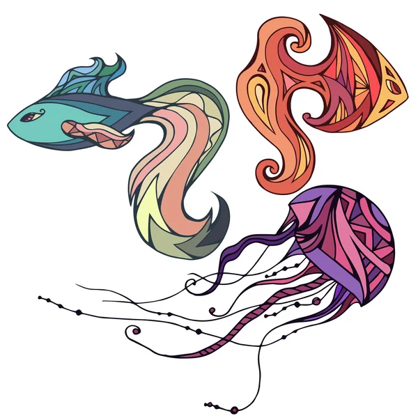 Sada barevných ryb a medúzy — Stockový vektor