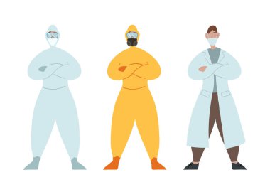 Çeşitli düz bulaşıcı hastalıklar doktorları. Viral koruma giysileri. Modern kahramanlar. Tebrik kartları, pankartlar ve yaratıcılığınız için vektör insanlar.