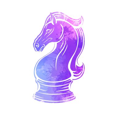 Contour şövalyesi, neon renkli suluboya ile satranç atı. Gururlu Mustang maskotu. Akıllı oyunun sembolü. Logolar, simgeler ve tasarımınız için suluboya nesneleri birleştir.