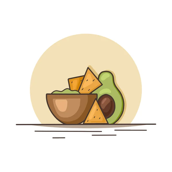 Comida Mexicana Guacamole Abacate Com Chips Milho Nachos Ilustração Contorno — Vetor de Stock