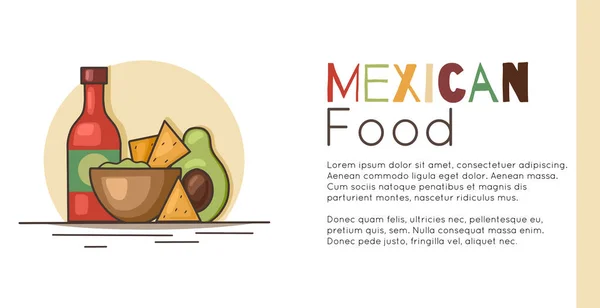 Baner Poziomy Meksykańskim Jedzeniem Miejscem Tekst Guacamole Awokado Chipsami Kukurydzianymi — Wektor stockowy