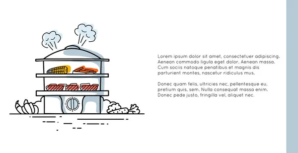 食品やテキストの場所と蒸し器の輪郭イラストと水平バナー 健康的な蒸し料理 ダブルボイラーの現代的なアウトラインイメージ バナーのベクトルテンプレート 招待状 — ストックベクタ