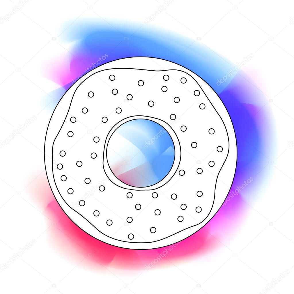 Contour illustration of a donut top view with neon multicolored color spots. Bakery bun with sprinkling, glazing and stains of paint. Vector element for menus, recipes, logos and your design.