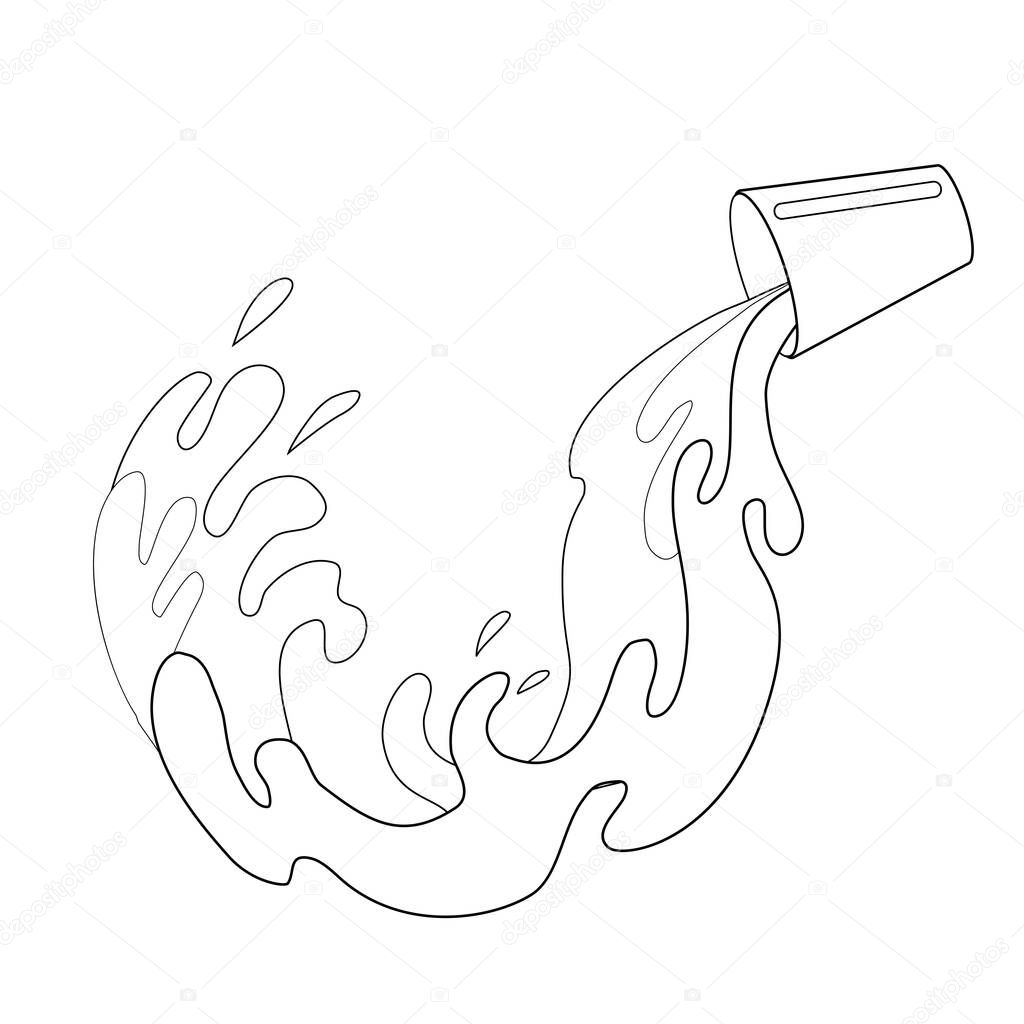 Outline illustration of pouring milk from a cup. Contour water flow. Black and white image of fluid. Vector line art element for menu, articles, coloring book and your design.