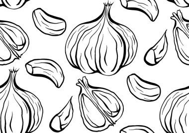 Kusursuz çizim, sarımsak çizimi. Sağlık için antibakteriyel ürün. Yemek pişirmek için kullanışlı bir baharat. Doğal baharat. Duvar kağıdı, paketleme, arkaplan ve tasarımınız için vektör dokusu.