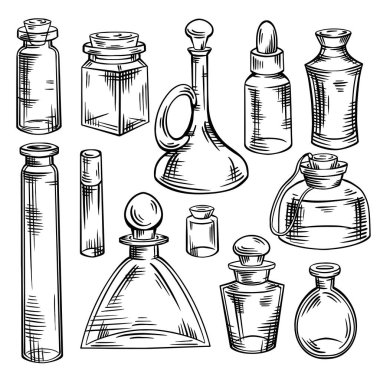 Yumurtadan çıkan şişe, matara ve kavanoz taslaklarını inceleyin. Parfümler ve ilaçlar için konteynırlar. Doğal tıp. İksirler ve simya. Tarifler, pankartlar ve tasarımınız için vektör oyma nesnesi.