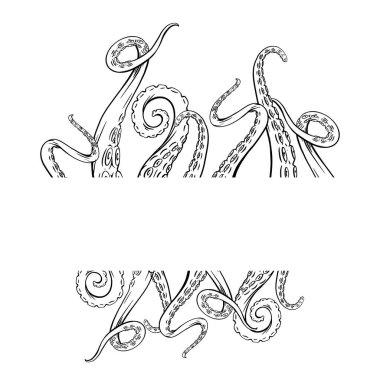 Frame with black and white sketches octopus tentacles and place for text. Creepy limbs of marine inhabitants. Vector template for banner, border, card and your design. clipart