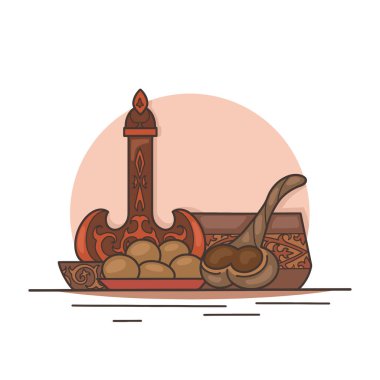 Geleneksel Kazak ziyafeti. Baursaki, koumiss ve shubat. Ulusal Asya yemekleri. Menü, davet, tebrik kartı ve tasarımınız için vektör renk çizelgesi.