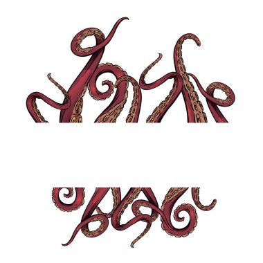 Frame with color cartoon sketches octopus tentacles and place for text. Creepy limbs of marine inhabitants. Vector template for banner, border, card and your design. clipart