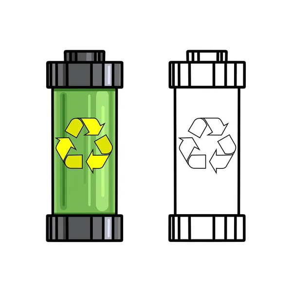 Batería Ecológica Reciclable Conjunto Batería Dibujos Animados Contorno Con Símbolo — Archivo Imágenes Vectoriales