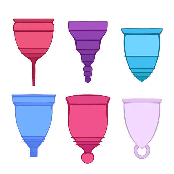 Conjunto Bosquejo Color Varias Copas Menstruales Objetos Sin Residuos Eco — Vector de stock