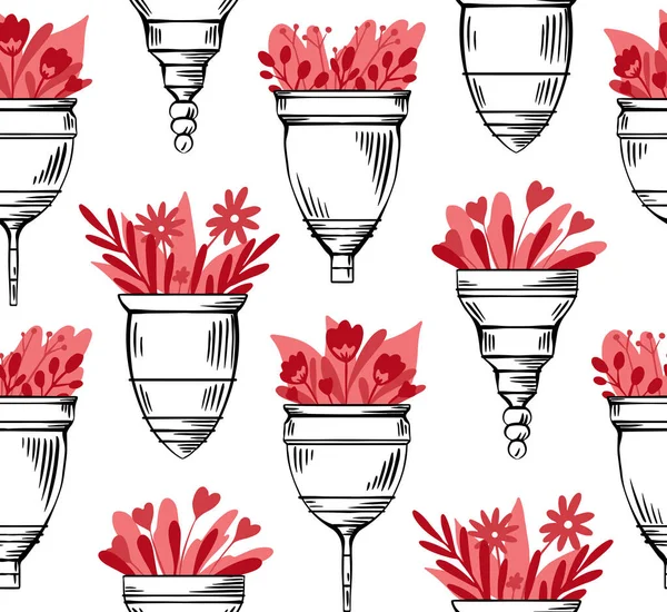 Seamless Pattern Sketch Menstrual Cups Flat Red Flower Row White — Stock Vector