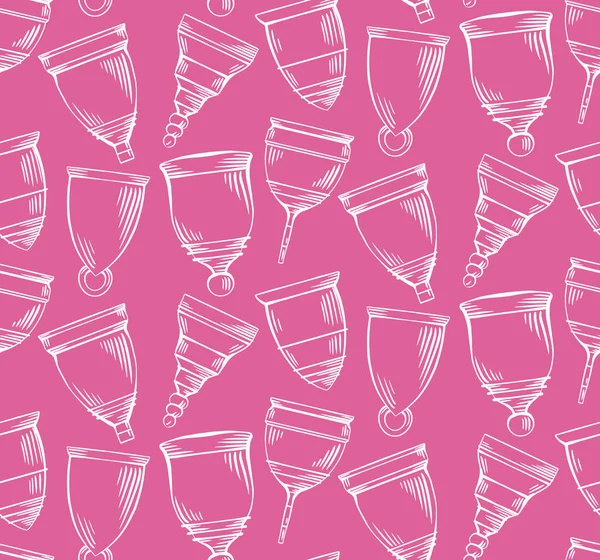 无缝隙图案 素描月经杯 粉红背景笔划 零废物 生态保健 织物的矢量纹理 壁纸和你的创造力 — 图库矢量图片
